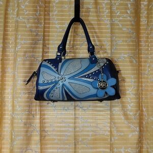 Sharif Blue and Silver Floral Satchel Handbag, EUC